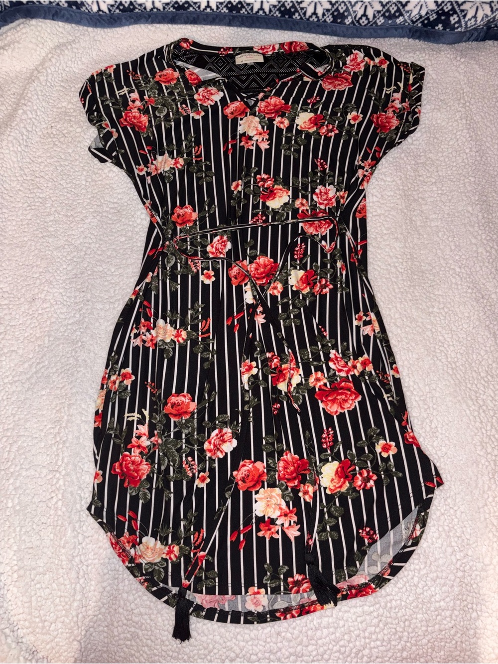 Bobbie Brooks Black Striped Midi Dress with Red Floral Print
